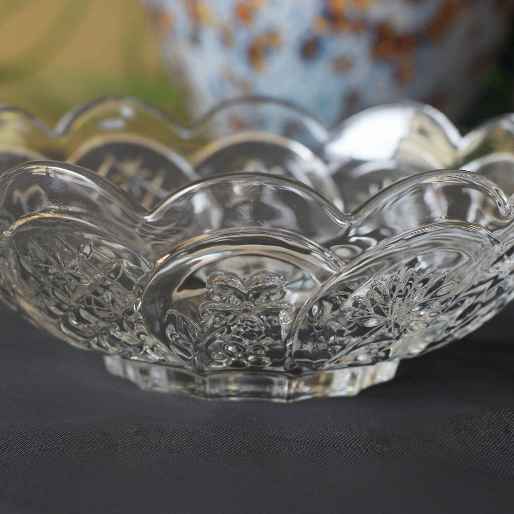 Crystal Clear Studios, Japan, Round Floral Thumbprint Bowl with Scalloped Edges
